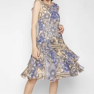 Robbie Bee fit &‎ flare blue yellow print sleeveless ruffle bottom midi dress 14